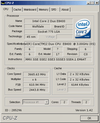 wolfdale Core 2 duo E8400 system bus overclock